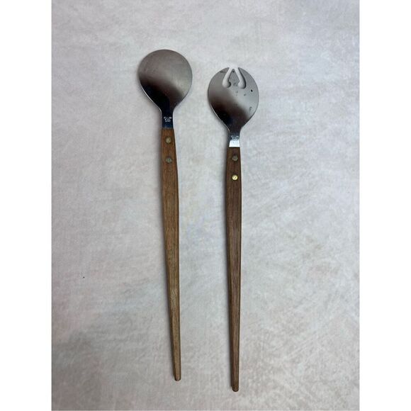 Vintage 1970s Stainless Steel Salad Fork Spoon Wood Handle Mid Century Modern Ja - Picture 3 of 5